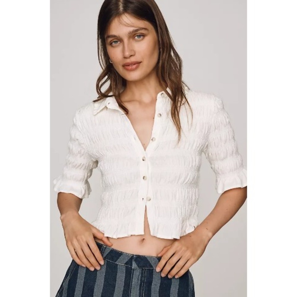 Maeve Smocked Button Front Top White Short Sleeve Ruffle Coquette Womens Small